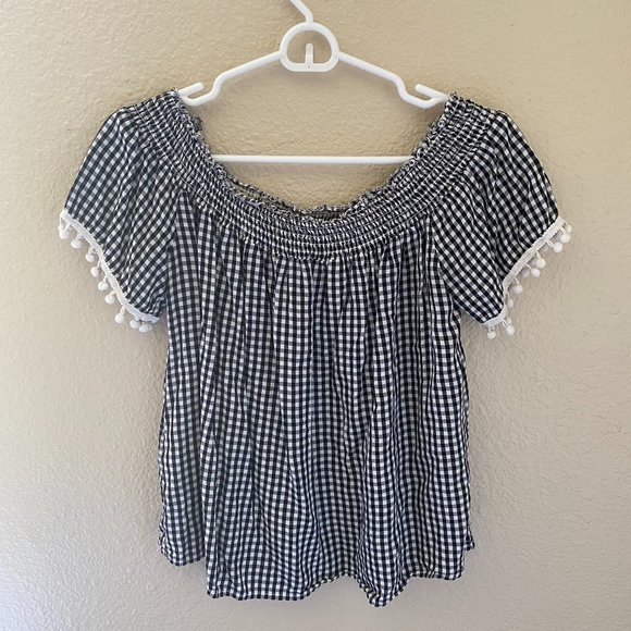 Gingham Off-the-Shoulder Top with Pom-pom Detail - Picture 1 of 2